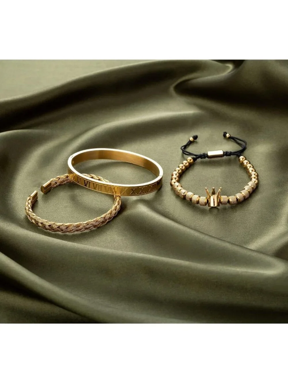 3PCS Men's Luxury Stainless Steel Bracelets Set - Gold Roman Numeral & Twisted